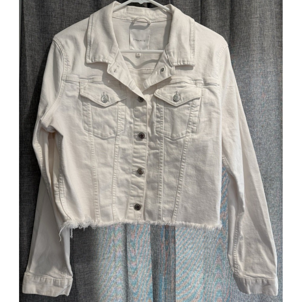 Dynamite Juniors XL Cropped White Jean Jacket Raw Hem Button Pockets